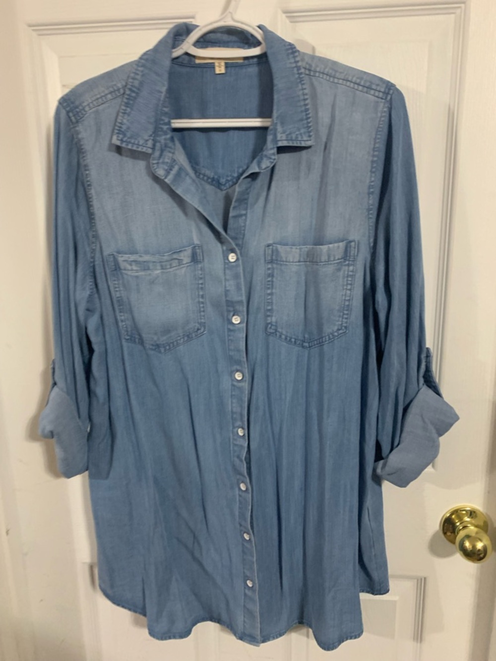 Side Stitch Light Blue Denim Button-Up Shirt